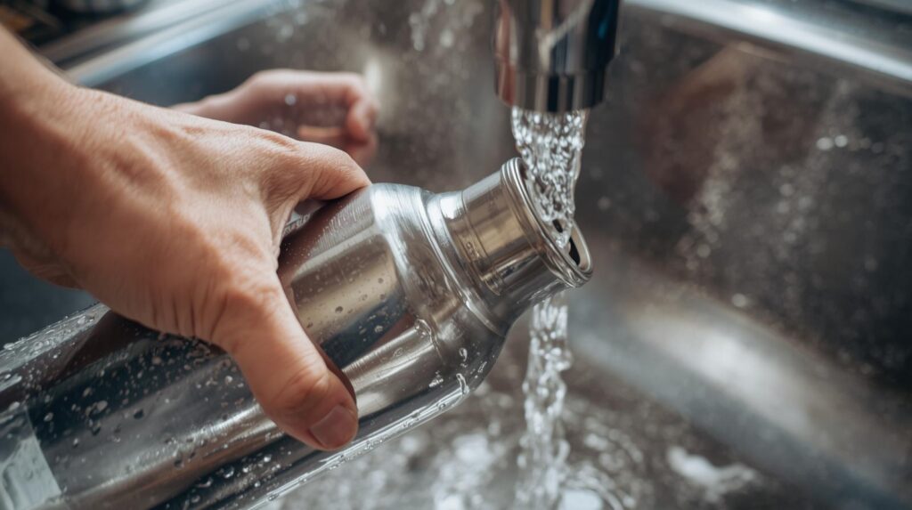 pouring water into a stainless steel water bottle